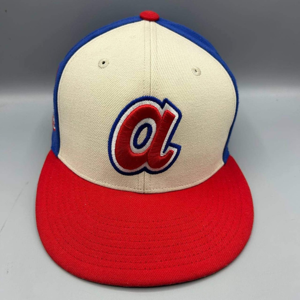 Atlanta Braves MLB Hat Men 7 1/4 White Red Blue Mitchell & Ness Fitted Cap